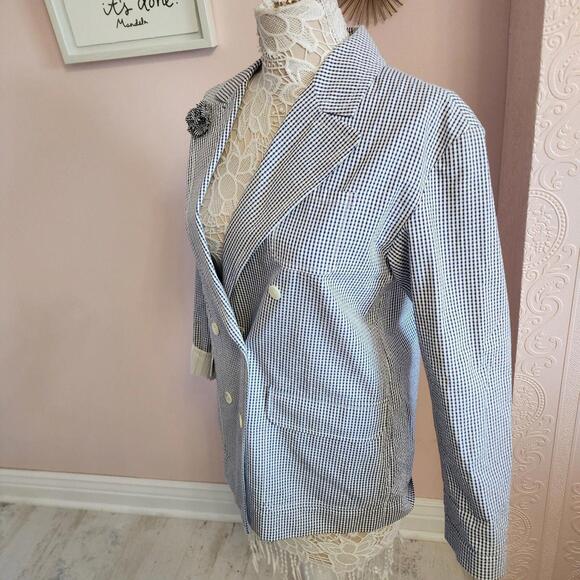 LKNW ALEX MILL Billie gingham Navy white Paper Cotton blazer jacket S - Picture 5 of 9